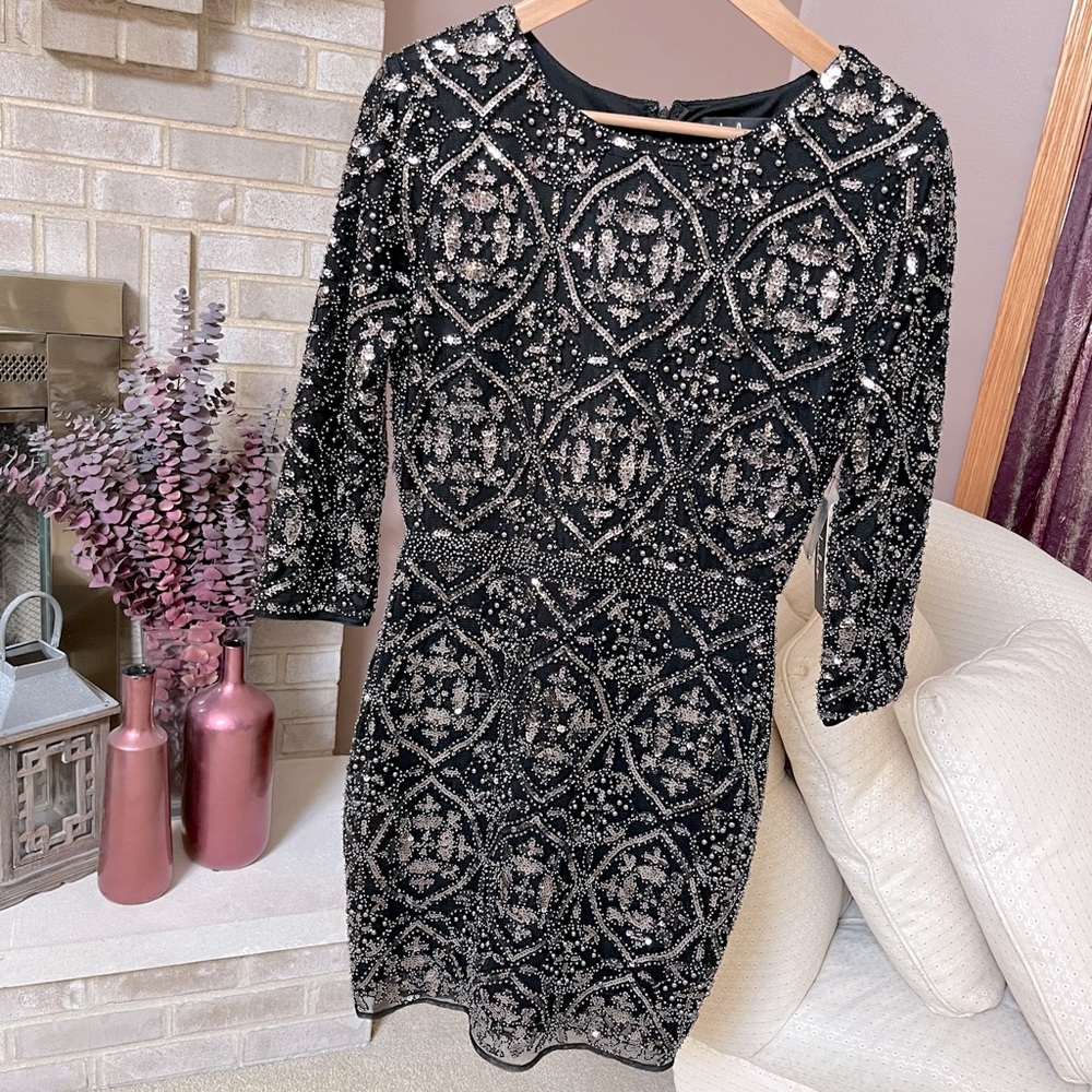 Lulus Bright Night Black Beaded Sequin Bodycon Dress - Black & Metallic